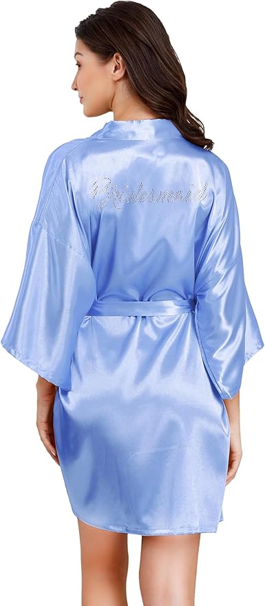EPLAZA Women's One Size Silver Rhinestones Bride Bridesmaid Short Satin Robes for Wedding Party Getting Ready