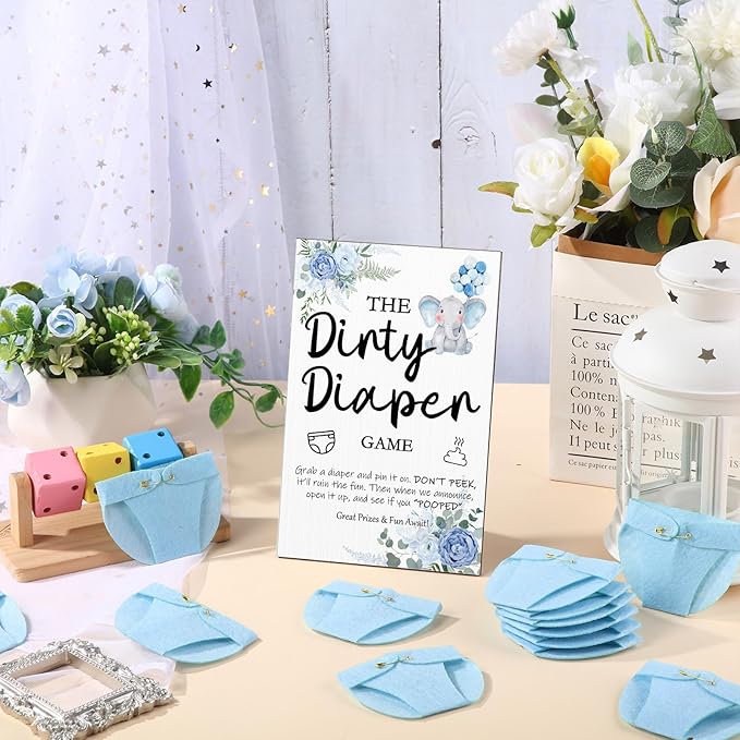 Roowest 51 Pcs Dirty Diaper Baby Shower Games Funny Wooden Sign with 50 Pcs Mini Diapers Cute Felt for Gender Reveal Party Baby Shower(Blue Elephant)