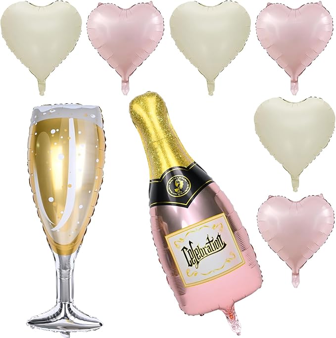 Champagne Balloons, Bachelorette Party Balloons with Champagne Bottle Glass Foil Mylar Balloon Pink Beige Heart Shaped Balloon for Engagement Birthday Bridal Shower Wedding Anniversary Decorations