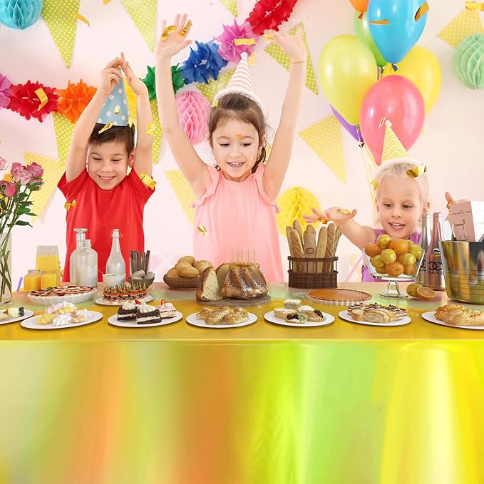 4 Pack Iridescent Plastic Tablecloths Disposable Table Cover Sparkly Foil Table Cloth for Rectangle Tables Party Decorations Birthday Princess Bridal Wedding Christmas Gold, 54 x 108 Inch
