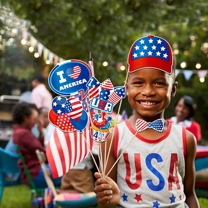 Independence Day Photo Booth Props with Sticks,4th of July Photo Booth Props,Patriotic Party Decorations (25CT)
