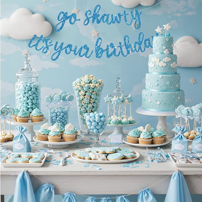 BEISHIDA Go Shawty It's Your Birthday Banner NO DIY Hip Hop Theme Happy Birthday Banner Pre-Strung Rap Theme Happy Birthday Sign for Man Women birthday Party Supply Glitter Sky Blue