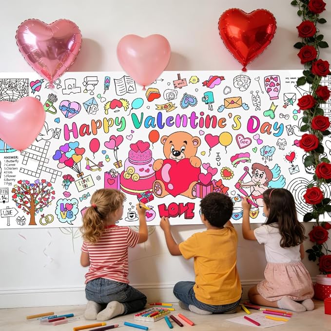 Valentines Coloring Tablecloth/Poster, 2 PCS Valentines Day Gifts for Kids Classroom, Valentines Day Decorations, 72"x30" Giant Paper Coloring Banner Tablecloth Crafts Activities for Party Decorations