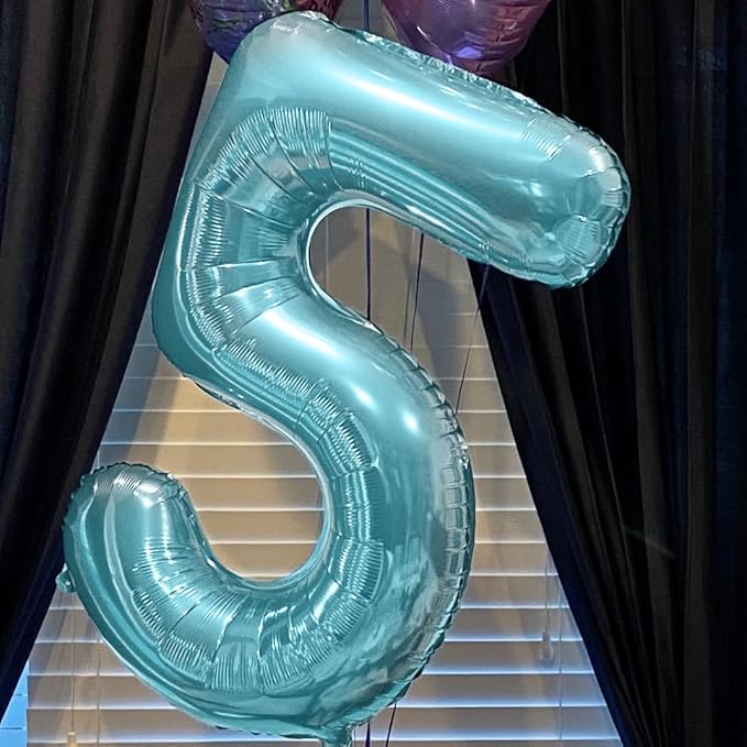 40 Inch Light Blue Number Balloon 5, Large Baby Blue Number 5 Balloons for Birthday Party Decorations, Blue Foil Mylar Birthday Balloons
