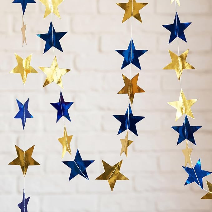 Spakon 65 Feet Glitter Star Shaped Paper Garland Banner Hanging Decoration Star Streamer Double Side 2026 Graduation Decorations for Wedding Birthday New Year Party Decoration (Gold and Blue)