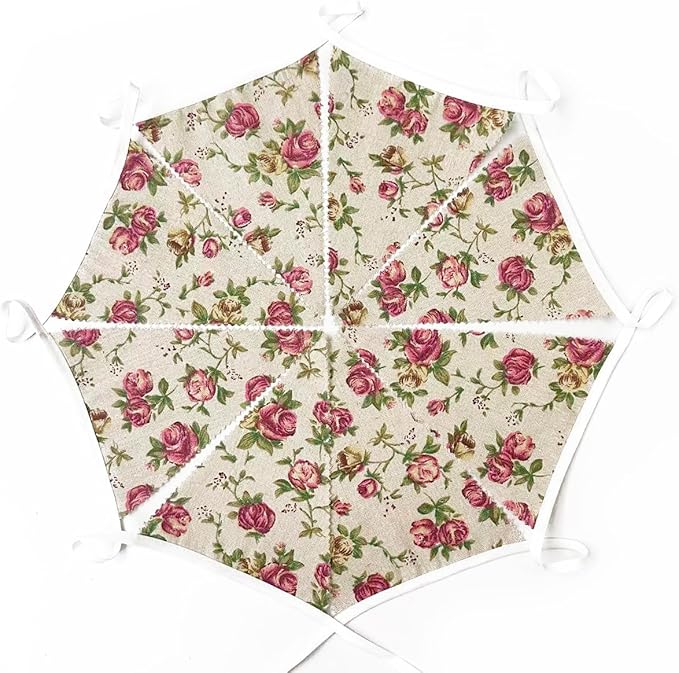 46Ft Vintage Floral Burlap Banner Flower Burlap Triangle Pennant Flag Linen Bunting Garland Streamers for Rustic Birthday Boho Wedding Baby Shower Engagement Camping Spring Easter Party Decorations