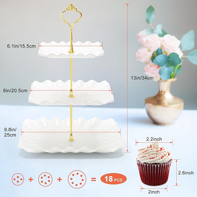Coitak 3 Tier Cupcake Stand, Plastic Tiered Serving Stand, Square Dessert Tray for Tea Party, Birthday and Wedding (Pure White)