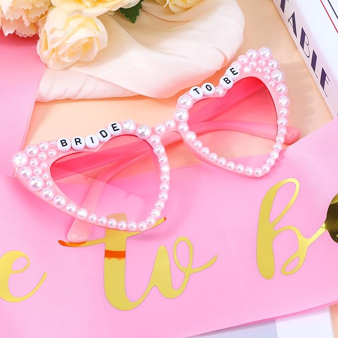 Bride to Be Set: Pearl-Trimmed Heart Sunglasses, Pearl BRIDE Sash & Tulle Veil - Bachelorette Party Bridal Accessories