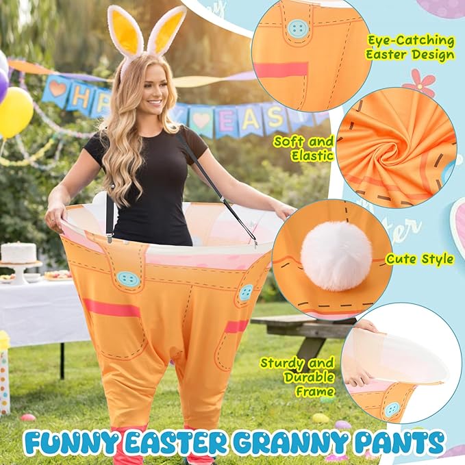2 Sets Easter Granny Pants Outdoor Games, Giant Granny Cute Pants with Egg Balls & Bunny Ear Headbands, Funny Spring Yard Tossing Game for Adults Family Party Gathering (Bright Style)