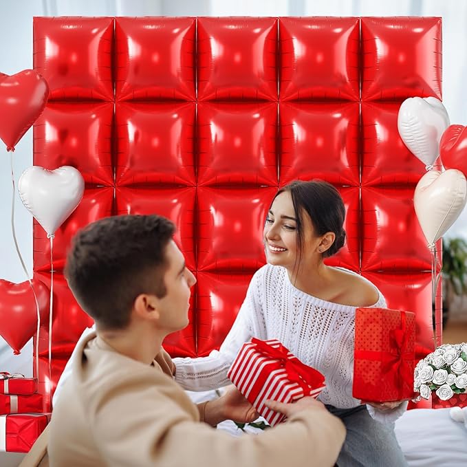 Red Square Foil Balloons Wall, 25PCS Double Sided Metallic Red Foil Balloons Backdrop Tunnel Arch Kit Background Decorations for Birthdays Wedding Bridal Baby Shower Valentines Anniversary Mother Day