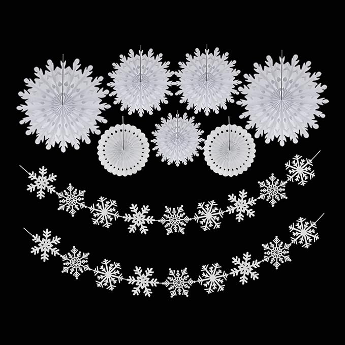 Snowflake Snow White-Silver Christmas-Frozen Party-Decorations - 9pcs Winter Girl Birthday New Year Paper Fan Banner Stareamers, Wonderland Party Supplies Decor Lasting Surprise