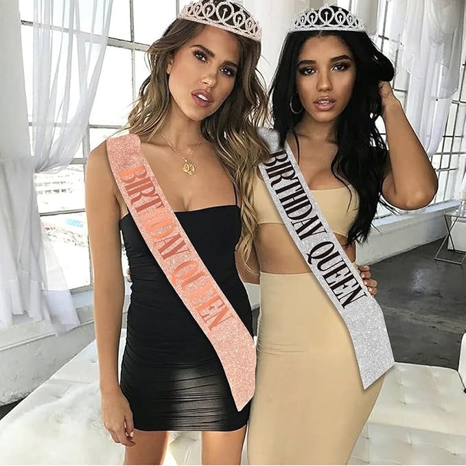 Birthday Decorations for Women – Includes Birthday Sash, Safety Pin, Tiara, Cake Topper, and Button – Queen Sash & Crown for Women and Girls MS4U (Gold Rose)
