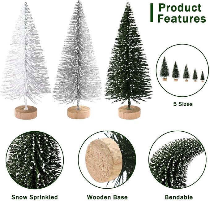 30Pcs Mini Christmas Trees Artificial Christmas Tree Bottle Brush Trees with Wooden Base for Christmas Decor Party Home Table Craft Decorations(Green+Silver+White)