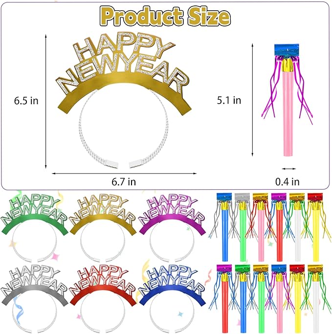 Openfly New Years Eve Party Supplies 2026 Happy New Year Headband Tiara New Year Fringed Noise Makers Party Favors