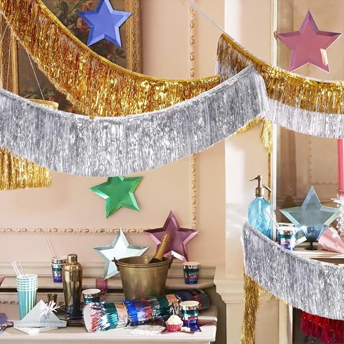 Premium Glitter Silver Fringe Tinsel Garland for Party Decorations -4 Layers Thick, 2 Pack | LILF Foil Metallic Banner Party Streamers for Wedding Birthday Christmas Decoration Home Hanging