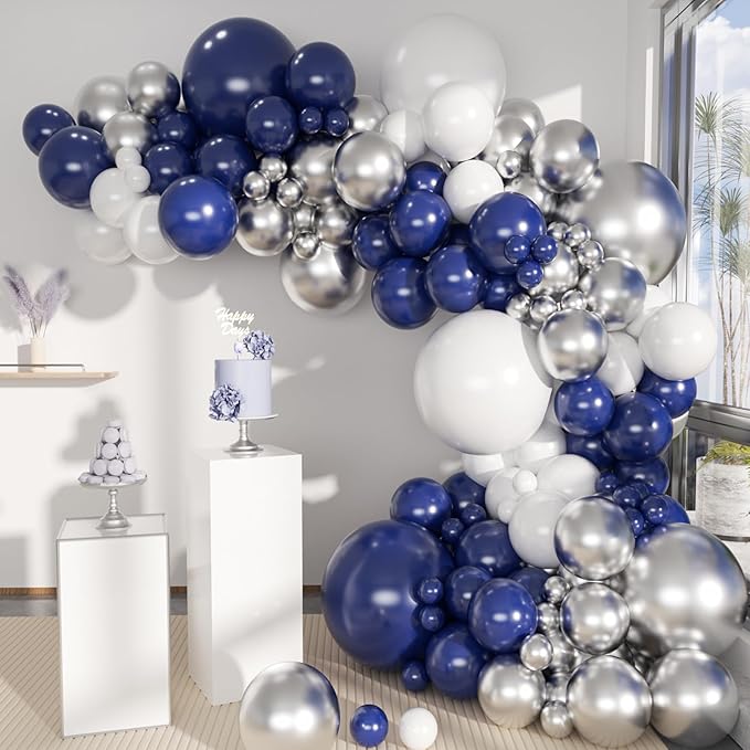Blue White Silver Balloons Garland Arch Kit, 141Pcs Latex Balloons Different Sizes 18 12 10 5 Inch for Birthday Anniversary Graduation Wedding Party Decorations