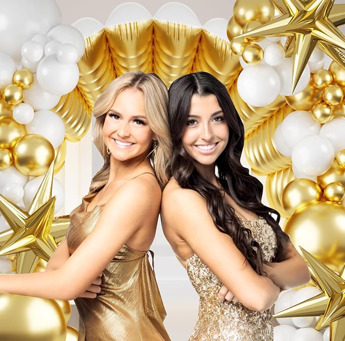 152Pcs Gold and White Foil Square Balloon Wall Backdrop with White and Gold Latex Balloons Arch Garland Kit, Double Sided Balloon Tunnel for Birthday Bridal Shower Baby Shower Anniversary Decorations