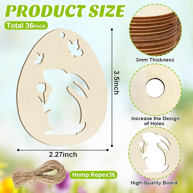 36PCS Wooden Easter Ornaments to Paint, 6 Styles DIY Blank Unfinished Wood Egg Cutouts Ornament for Crafts Hanging Decorations Happy Easter Hallow Egg Rabbit Bunny Butterfly Flower Hen