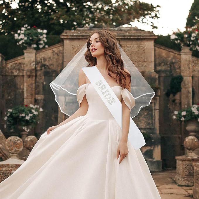 Bride To Be Sash White Wedding Veil, Bride Pearl Satin Sash Veil Set Bachelorette Party Favors Accessories for Bridal Showers Engagement Party Decorations
