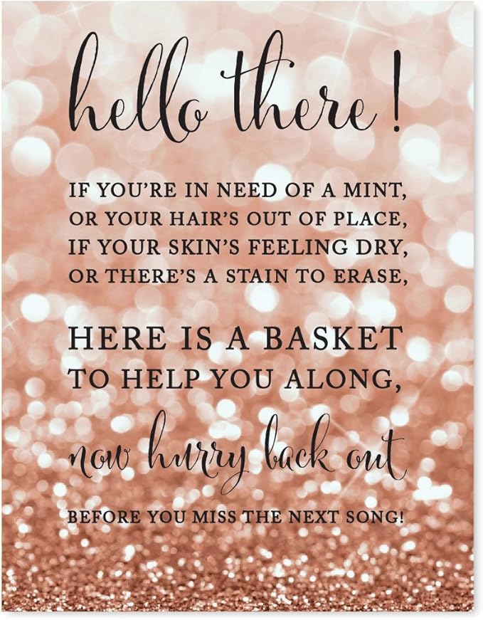 Andaz Press Wedding Party Signs, Glitzy Rose Gold Glitter, 8.5x11-inch, Ladies Bathroom Basket, 1-Pack, Bokeh Colored Party Supplies