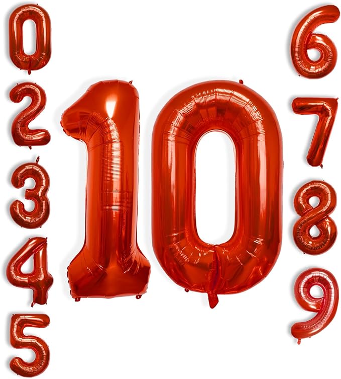 40 Inch Large Red Number Celebration and Decoration Balloon for Birthday Parties, Graduations, Anniversaries, Weddings, Photo Shoots, Special Events - Helium Foil Mylar (Red Number 10)
