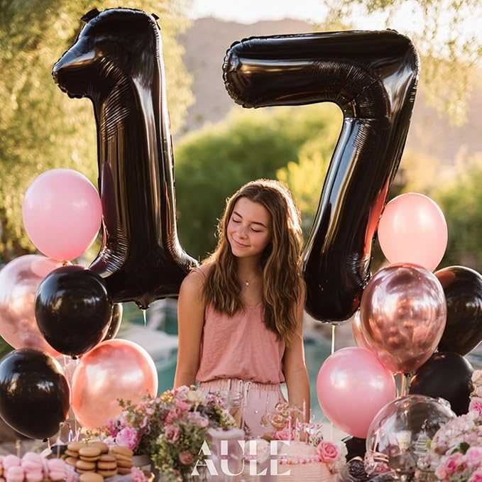 AULE 40 Inch Large 17 Balloon Numbers Black, Big Foil Number Balloons, Giant Helium Happy 17th Birthday Party Decorations for Boy and Girl, Huge Mylar Anniversary Party Supplies