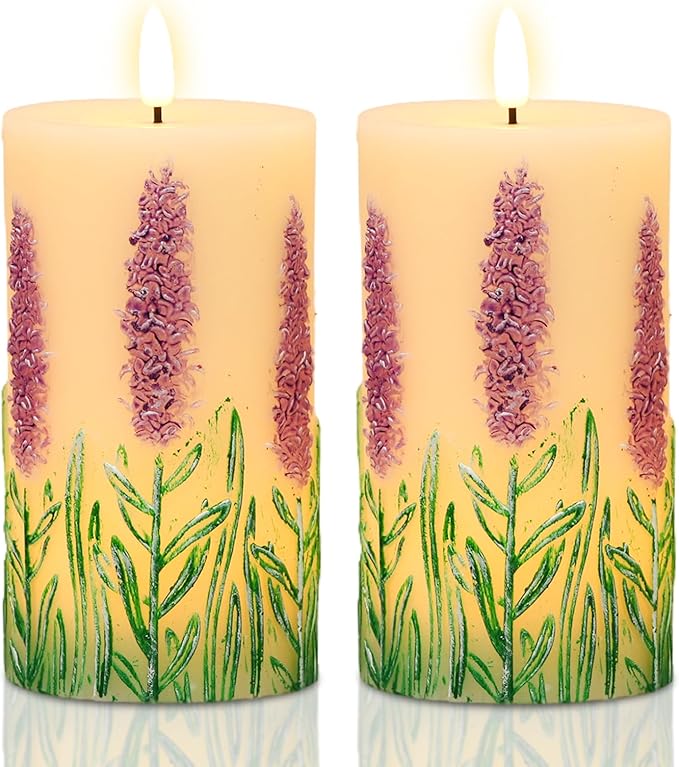 Lavender LED Candles with 6H Timer, flameless Candles with Flickering Flame, Waxy Pillar 2 Pack Flickering Unscented Home Holiday Decoration (3 inches x 6.5 inches)