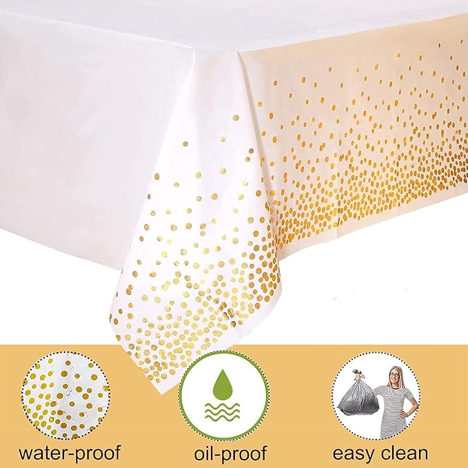 Yancorp 4 Pack White and Gold Tablecloth Disposable Gold Tablecloths for Rectangle 54" x 108" Plastic Tablecloth Party Table Covers for Birthday Thanksgiving Christmas Wedding Outdoor BBQ (White)