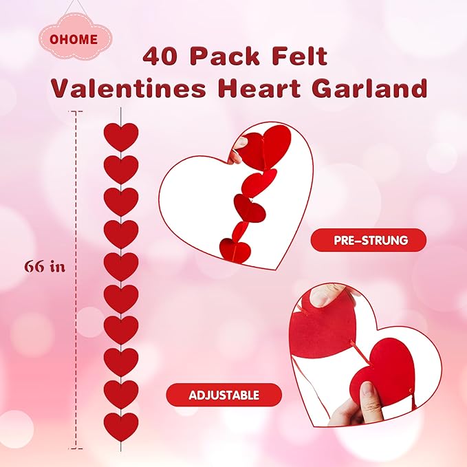 OHOME Valentines Day Decorations - 40 Pack Red Felt Heart Hanging Banner Backdrop | Valentines Decor Party Supplies Favors for Wall Home Office - Galentines Day Decorations for School Classroom Outdoor Indoor
