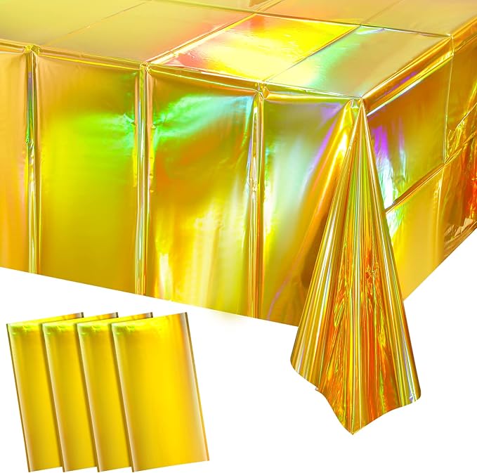 4 Pack Gold Iridescent Plastic Tablecloths Shiny Disposable Laser Rectangle Table Covers Holographic Foil Tablecloth Iridescent Party Decorations Birthday Bridal Wedding Christmas, 54 x 108 Inch