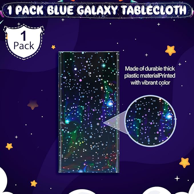 1Pcs Iridescent Space Tablecloths, Disposable Plastic Blue Galaxy Table Cloth Rectangle Table Covers for Space Starry Night Star Theme Party Birthday Party Decorations, 54x108 Inch