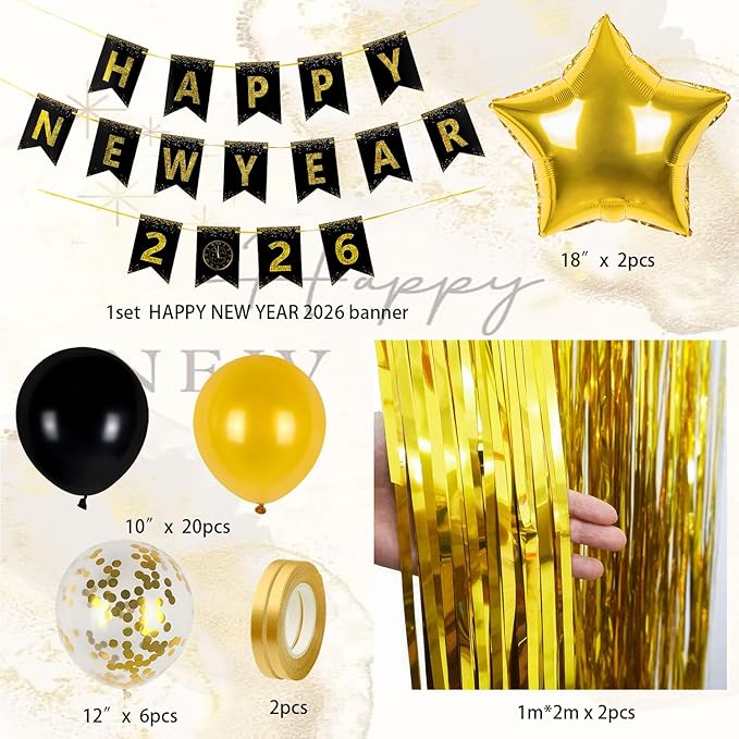 New Years Eve Party Supplies 2026, 2026 Happy New Year Banner Gold Fringe Curtains Black Gold Balloons for Happy New Year Decorations 2026 NYE Party Supplies