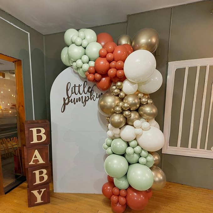 Fall Balloons Set, 12 Inch Thanksgiving Balloons, Retro Burnt Terracotta Rust Orange Dusty Sage Mint Green White Metallic Gold Latex Balloon for Thanksgiving Autumn Harvest Fall Birthday Decorations