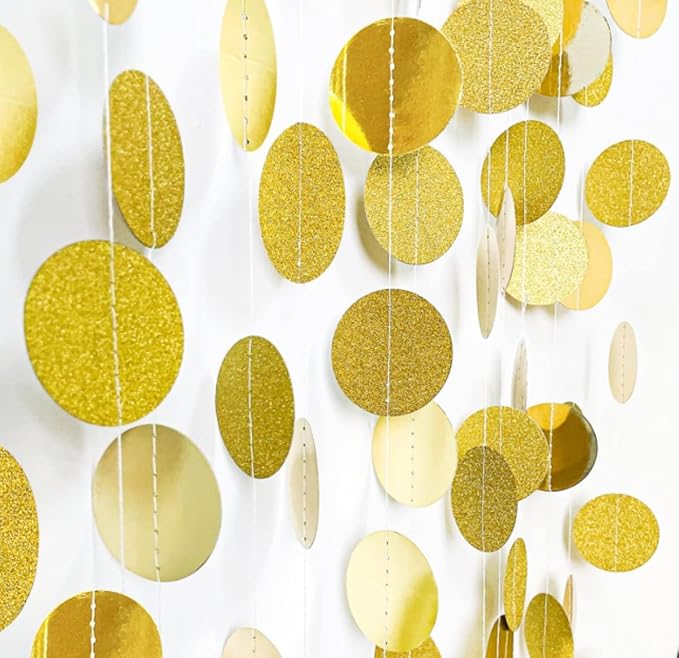 Gold Circle Dots Garlands Decorations, 52 Feet, Glitter Garland Hanging Banner for Christmas Party, Anniversaries, Wedding, Birthday Parties, Graduations Parties, Baby Shower(Gold)