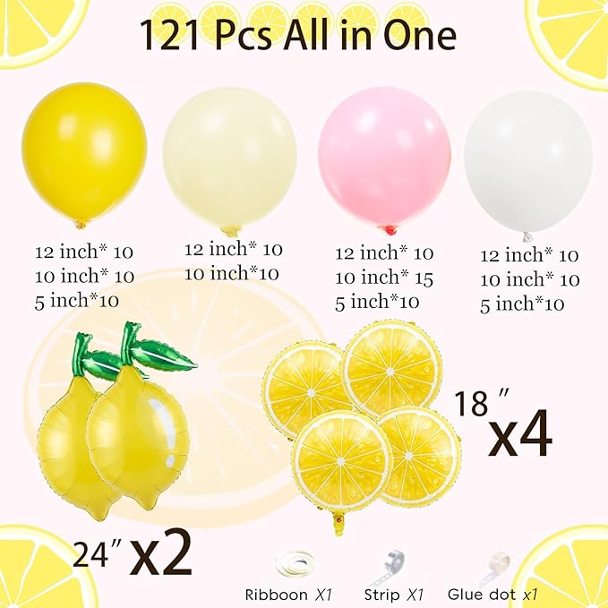 Yellow pink lemon Balloon Garland Arch kit with Sun lemon mylar Balloons for Summer birthday main squeeze Bridal Shower Sweet Baby shower Lemonade Party Decorations lemonade stand supplies