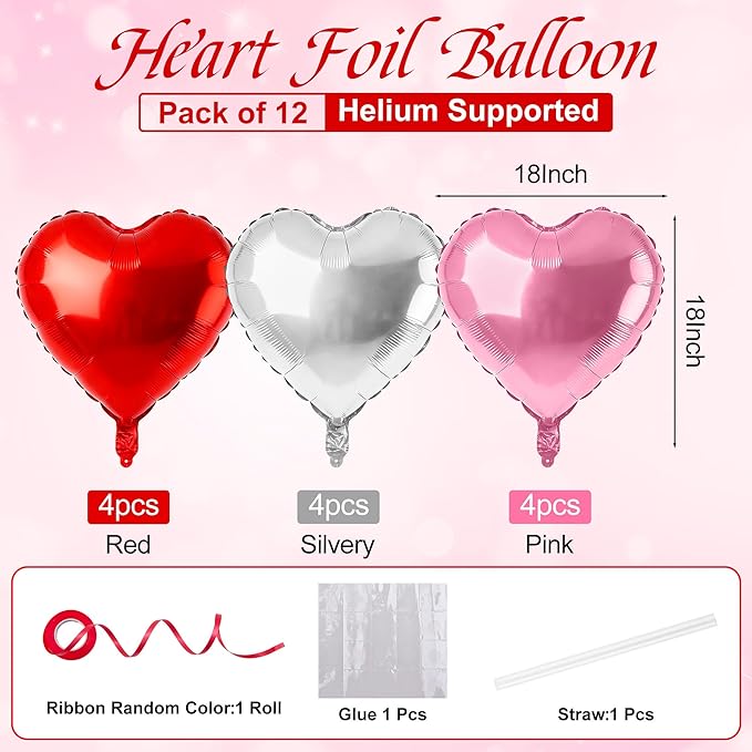 12 Pcs Pink and Red Heart Foil Balloons for Valentines Day Decorations, 18 Inch Romantic Love Valentine Heart Balloons for Galentines Day Decorations Wedding Marriage Birthday Bridal Shower Party