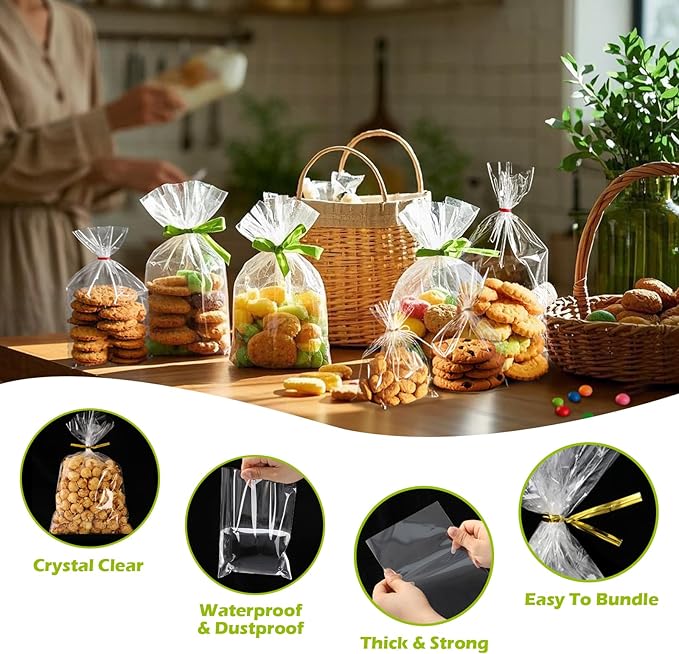 PPRAFDD 100 Pcs 6x10 Cellophane Bags Clear Cellophane Gift Bag with Twist Ties Clear Treat Bags for Bakery,Popcorn,Cookies,Candies,Dessert, Small Gift Party Favors