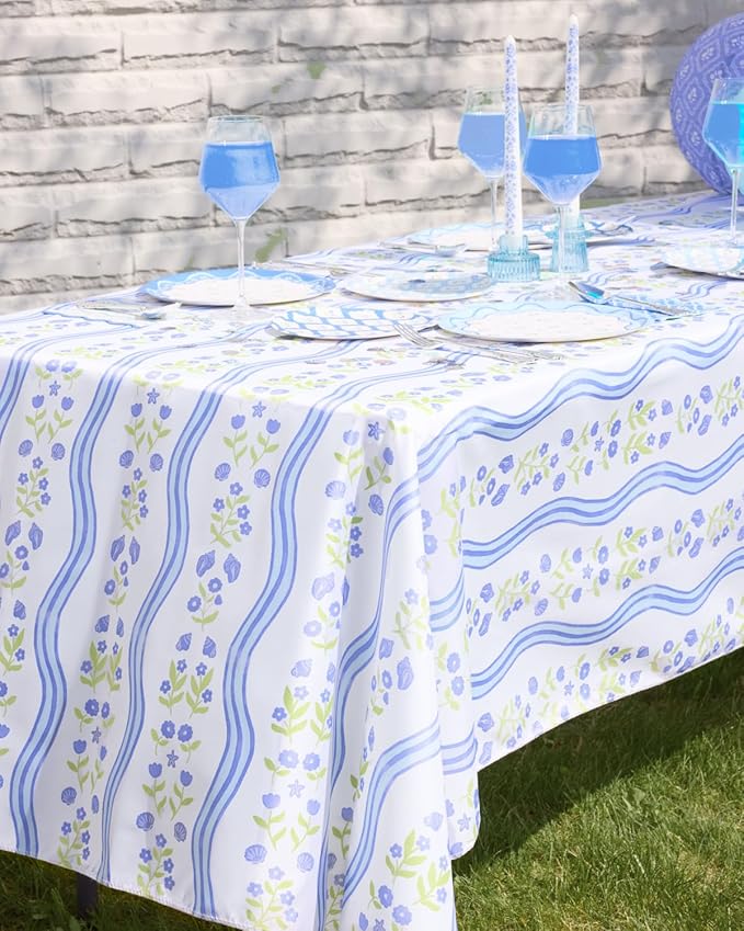 xo, Fetti Coastal Tablecloth, White + Blue | 9' x 4.5' | Bachelorette Tablescape, Dinner Party Setting, Beach Birthday Decoration, Cute Tablecover, Floral Table Decor