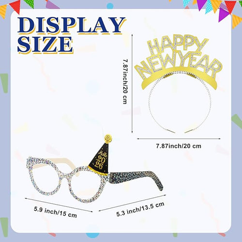 108 Pcs New Years Eve Party Supplies 2026 Fancy New Year Glasses Gold Noise Maker Headband NewYear Celebration Black Silver and Gold Party Favor for Happy NewYear Gift Accessories Decoration
