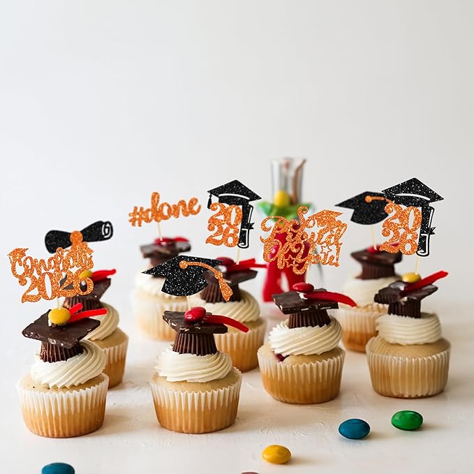 Gyufise 24Pcs 2026 Graduation Cupcake Toppers Orange Glitter Congrats Class of 2026 Done Diploma Grad Cap Cupcake Picks So Proud of you Cake Decoratiosn for 2026 Graduation Theme Party Supplies