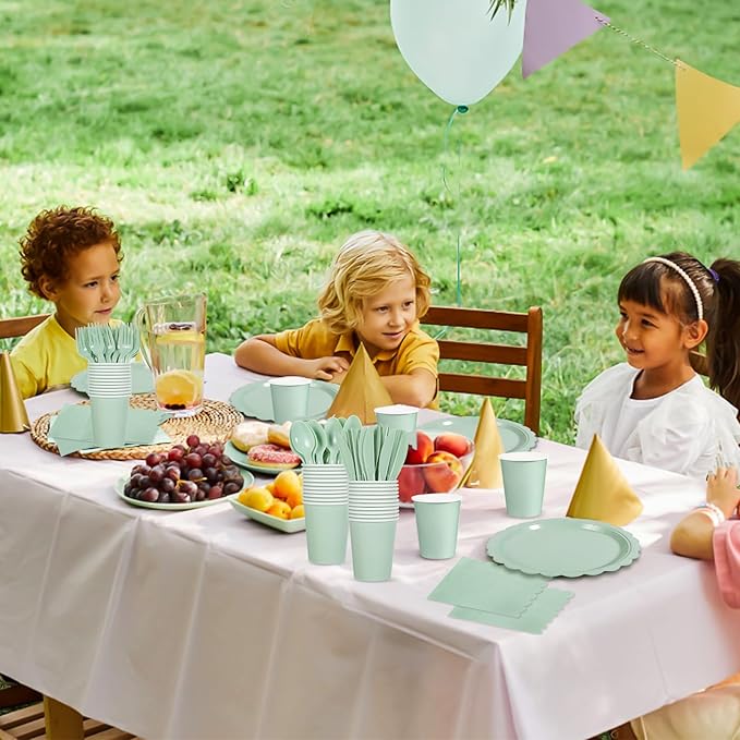 175 Pcs Party Plates and Cups and Napkins Sets, 9" Easter Plates, 7" Dessert Plate, 9oz Cups & Cutlery, 25 Guest Scalloped Sage Green Party Supplies for Easter, Bridal Baby Shower, Birthday