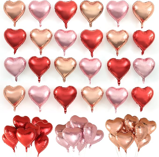 Golray 24pcs Heart Foil Balloons Love Red Pink Gold Rose 18 Inch Mylar Balloon for Valentine Day Decorations Backdrop Balloons Wall Romantic Night Proposal Wedding Anniversary Valentine Party Decor