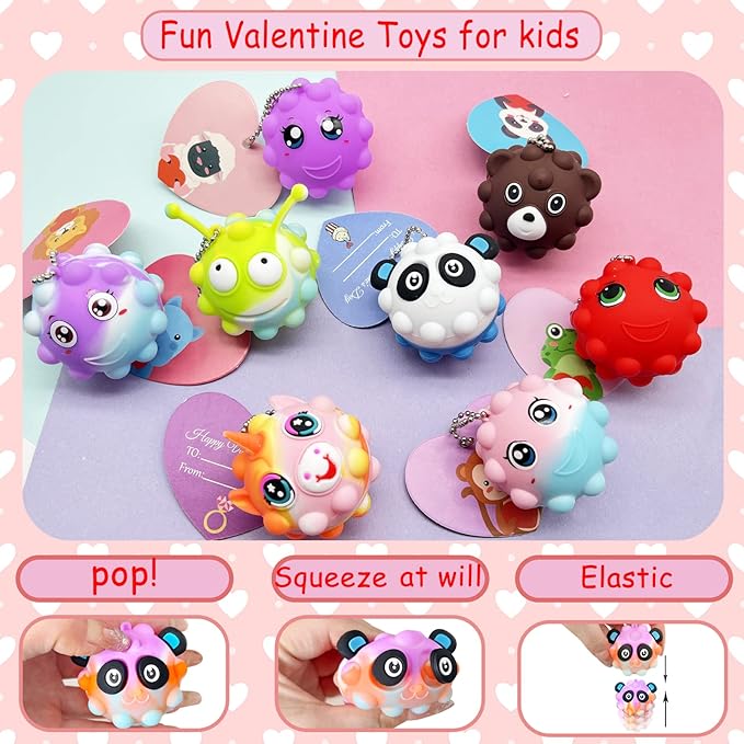 Valentines Gifts for Kids Classroom School, 30 Pack Valentines Day Cards for Kids with 30 Pack Pop Fidget Balls, Valentines Party Favors, Valentines Exchange Gifts for Girls Boys
