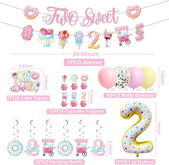 Two Sweet Birthday Decorations - 2nd Birthday Banner Donut Theme Party Kit for Two Years Old with Macaron Balloon Garland and Candy Theme Supplies