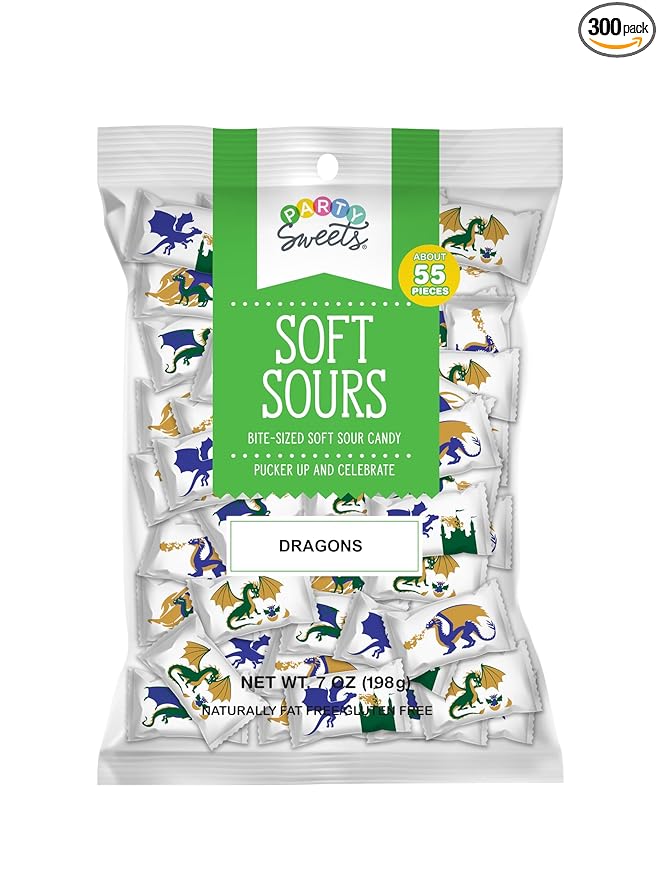 Party Sweets Dragons Soft Sours, Bite-Sized Soft Sour Candy, Appx 300 candies, 7-Ounce Bags (Pack of 6)