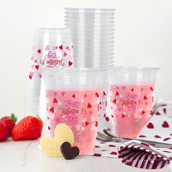 Gatherfun Valentine's Party Supplies - Romantic 60 Pcs 12oz Love-Themed Plastic Cups for Charming Decorations, Perfect for Valentines