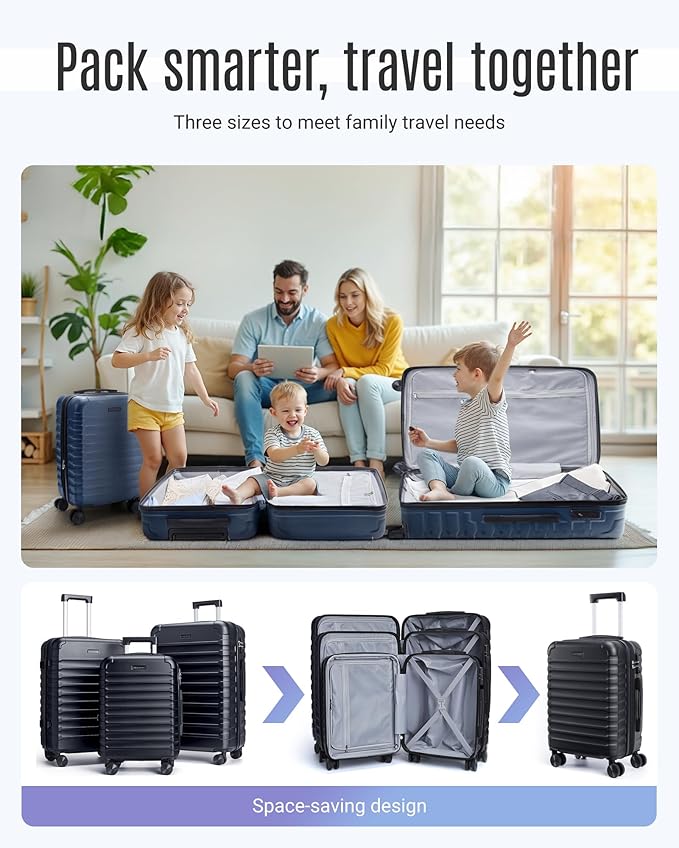 LIGHT FLIGHT Luggage Sets, 3 Piece Durable Suitcase Set with Spinner Wheels, 3 Pcs Hardside Lightweight luggage with TSA Lock, Large Checked Travel Suitcases, 20/24/28 Inch, Black