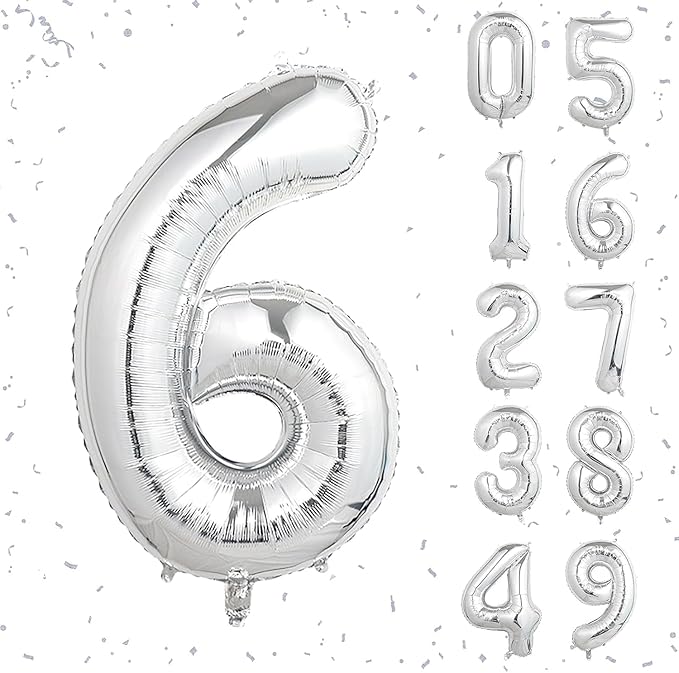 32 In Silver Large Numbers Balloons 0-9, Self Inflating Number 6 Balloons for Boys Girls, Big Silver Digit 6 Balloons for Women Men Birthday Party Anniversary Wedding Supplies Decorations