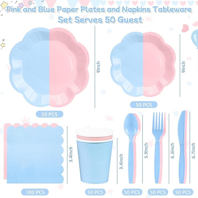 400 Pcs Gender Reveal Plates and Napkins set - Serve 50, Boy or Girl Gender Reveal Party Supplies Includes Pink and Blue Scalloped Plates Napkins Cups Plastic Spoons Forks Knives for Baby Shower