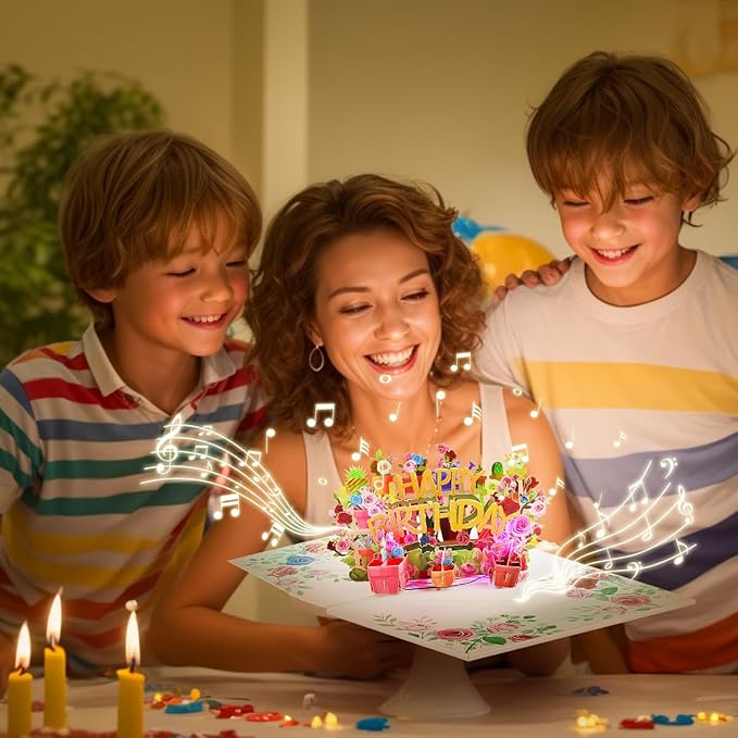 3D Musical Birthday Card for Women, Light & Music Flower Birthday Cards Pop Up for Mom, Happy Birthday Greeting Cards for Wife Grandma